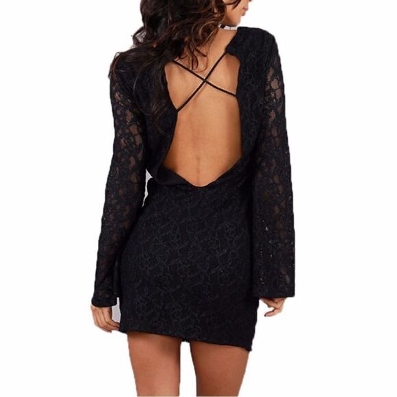 Nightcap Clothing Black Lace BodyCon Open Back Bellesleeve Mini medium - Picture 6 of 16